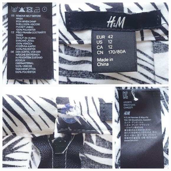 Tropical Mini Skirt Size 12 Faux Wrap Black Cream White H&M Vacation Tiki Bar - Picture 5 of 9